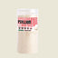Container of organic psyllium husk dietary fiber on a beige background