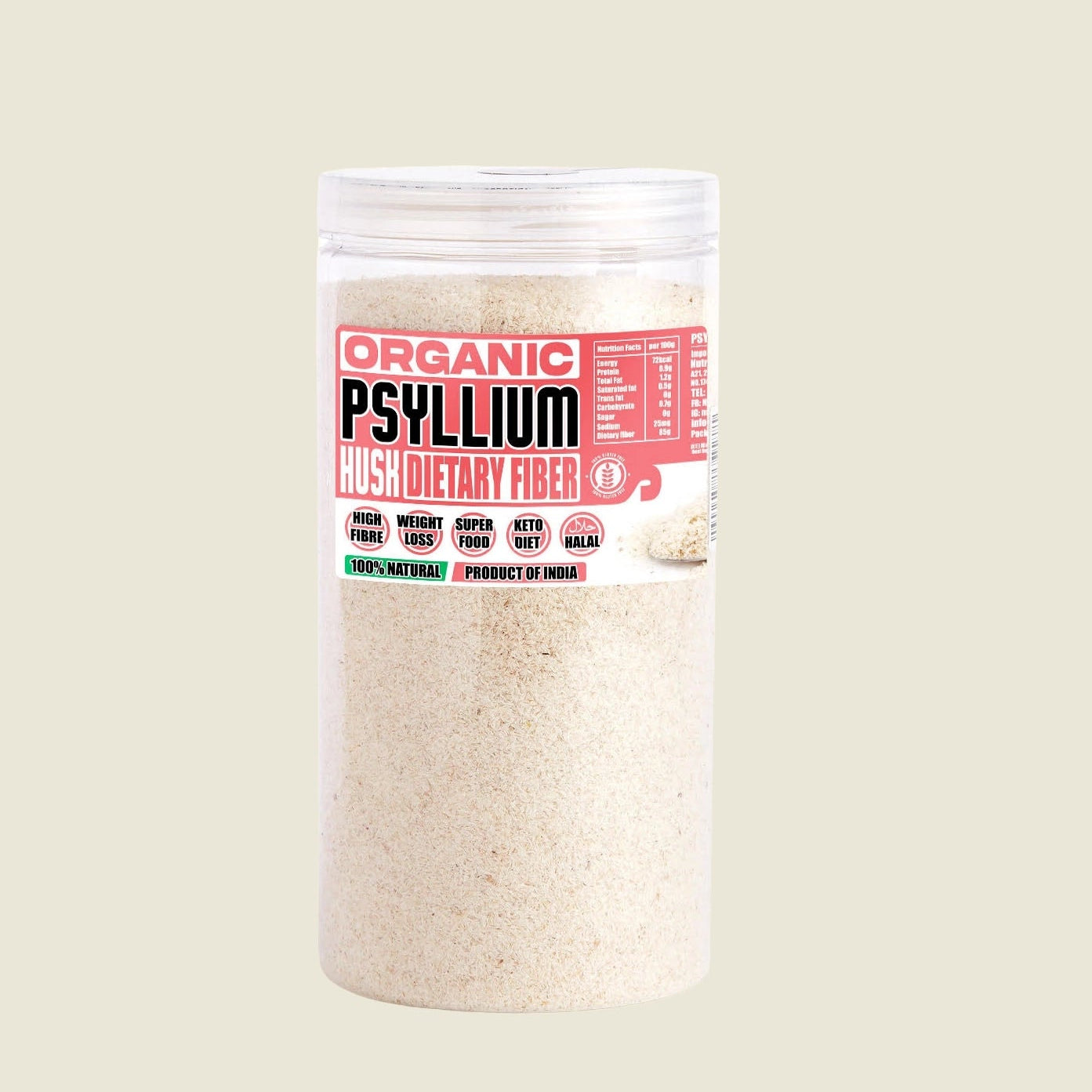 Container of organic psyllium husk dietary fiber on a beige background