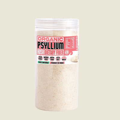 Container of organic psyllium husk dietary fiber on a beige background